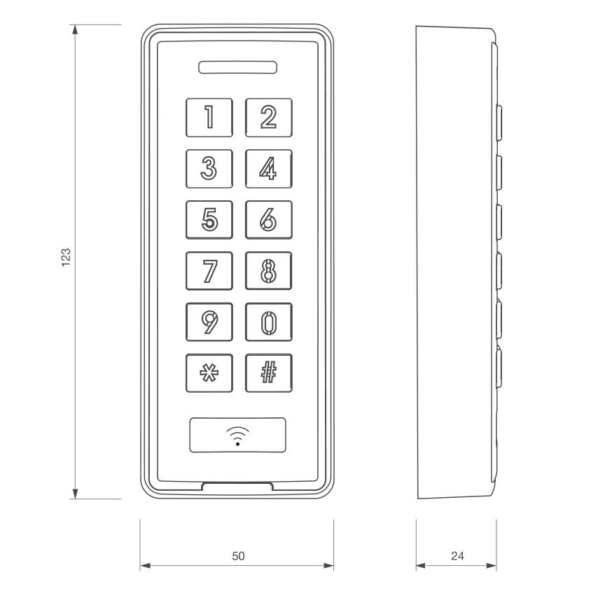 Clavier à codes / Lecteur RFID autonome avec électronique deportée ASK2, 12 à 24V, EM MARIN 125 KHz, raccordement par câble pour le clavier