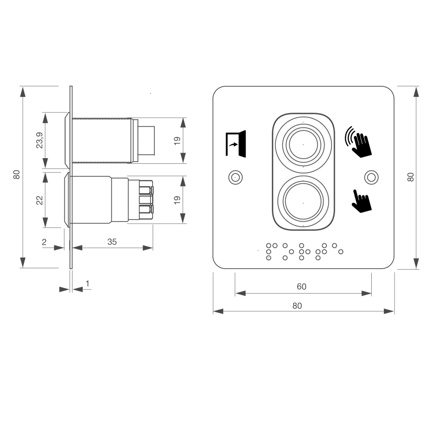 Capteur infrarouge PMR, Ø 19 mm, sans contact sur plaque carrée, 12 à 24 V