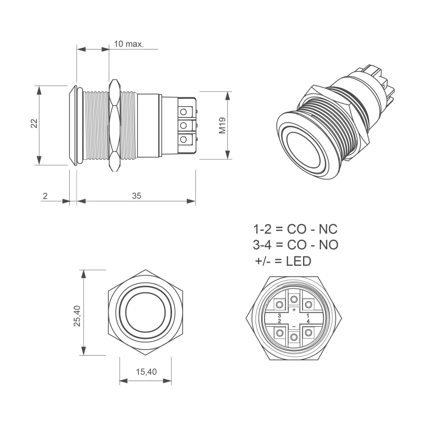 Bouton poussoir, Ø 19 mm, en acier inoxydable, bornes à vis, halo bleu