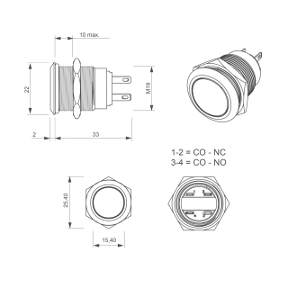 Bouton poussoir, Ø 19 mm, en acier inoxydable, cosses à souder, contact NO+NC