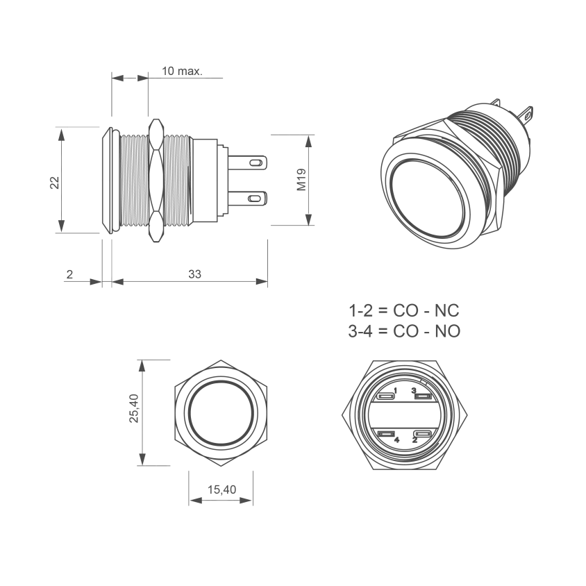 Bouton poussoir, Ø 19 mm, en acier inoxydable, cosses à souder, contact NO+NC