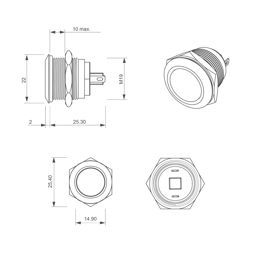 Bouton poussoir, Ø 19 mm, en acier inoxydable, cosses à souder, contact NO