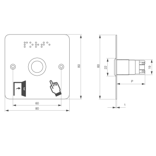 Bouton poussoir, Ø 19 mm, en acier inoxydable, cosses à souder, contact NO, sur plaque carrée