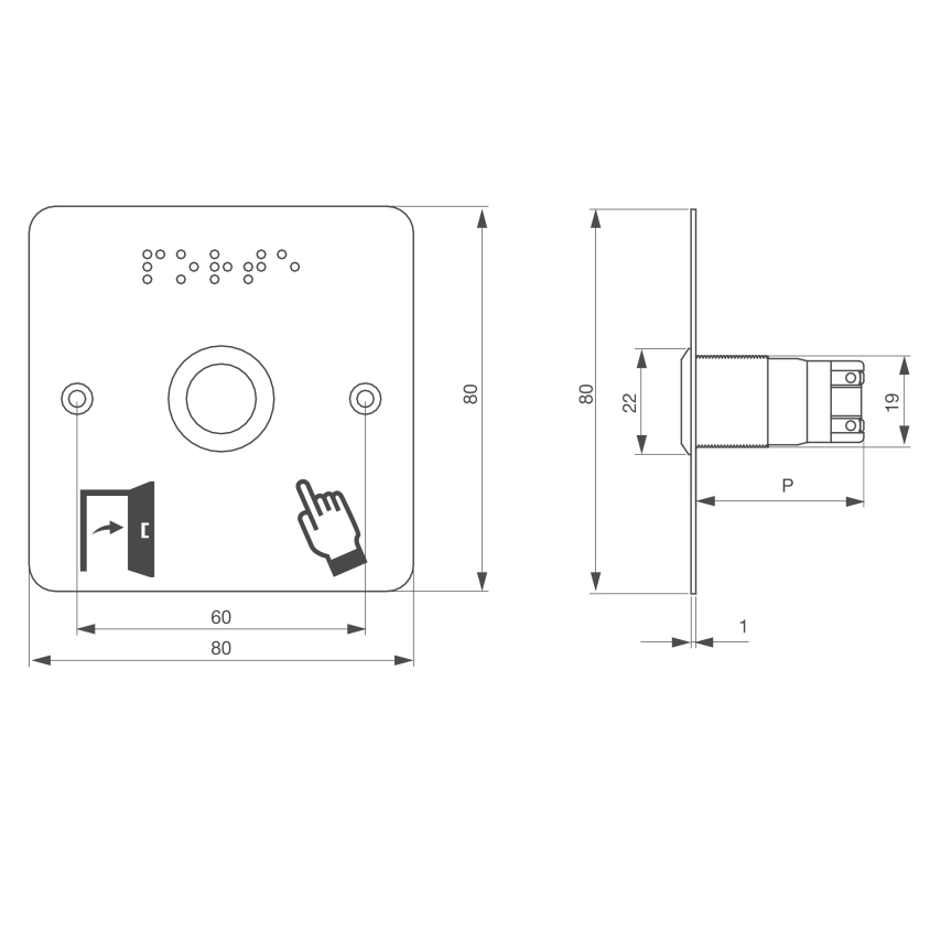 Bouton poussoir, Ø 19 mm, en acier inoxydable, cosses à souder, contact NO, sur plaque carrée