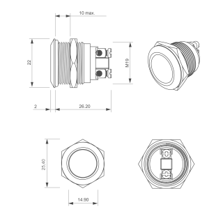 Bouton poussoir, Ø 19 mm, en acier inoxydable, bornes à vis, contact NO