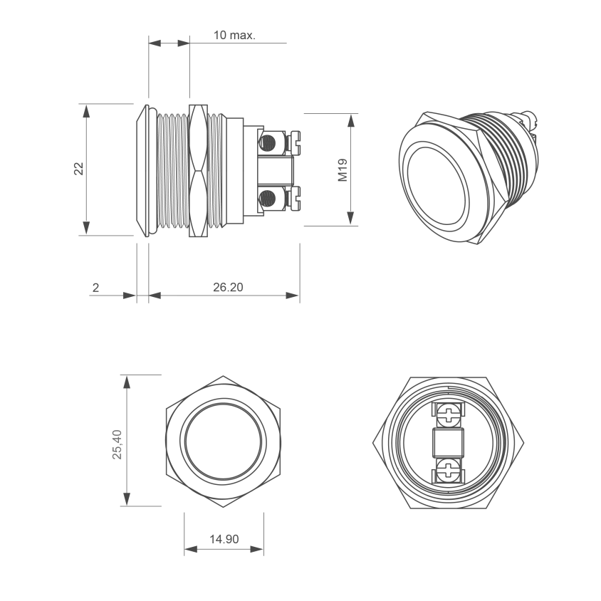 Bouton poussoir, Ø 19 mm, en acier inoxydable, bornes à vis, contact NO