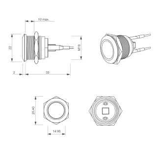 Bouton poussoir, Ø 19 mm, en acier inoxydable précâblé, contact NO