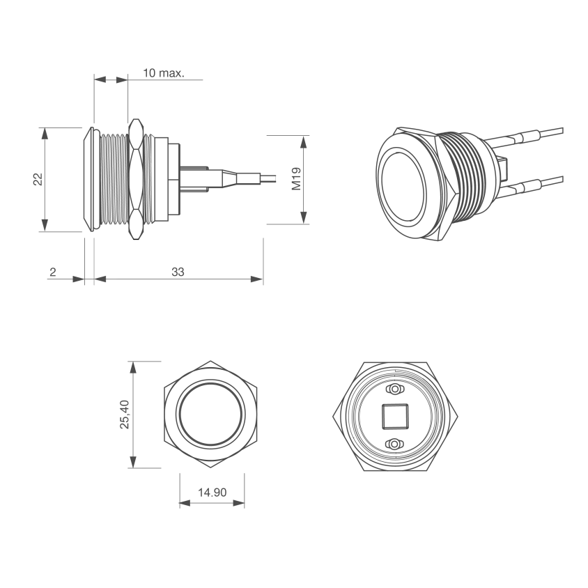 Bouton poussoir, Ø 19 mm, en acier inoxydable précâblé, contact NO