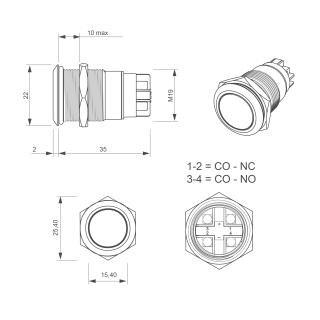 Bouton poussoir, Ø 19 mm, en acier inoxydable, bornes à vis, contact NO+NC