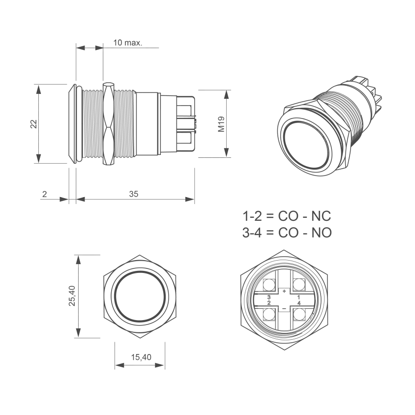 Bouton poussoir, Ø 19 mm, en acier inoxydable, bornes à vis, contact NO+NC