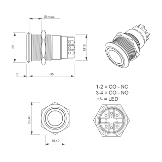 Bouton poussoir, Ø 19 mm, en acier inoxydable, bornes à vis, halo rouge