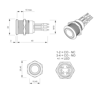 Bouton poussoir, Ø 19 mm, en acier inoxydable précâblé, halo blanc