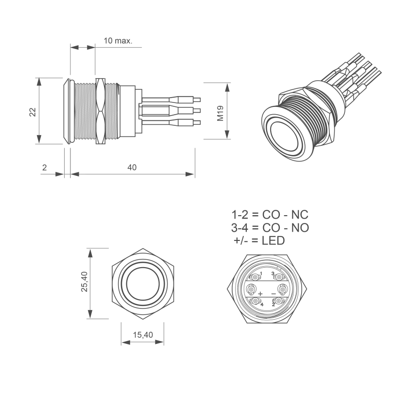 Bouton poussoir, Ø 19 mm, en acier inoxydable précâblé, halo blanc