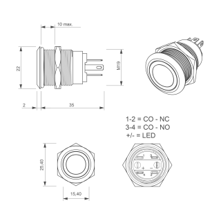 Bouton poussoir, Ø 19 mm, en acier inoxydable, cosses à souder, halo blanc