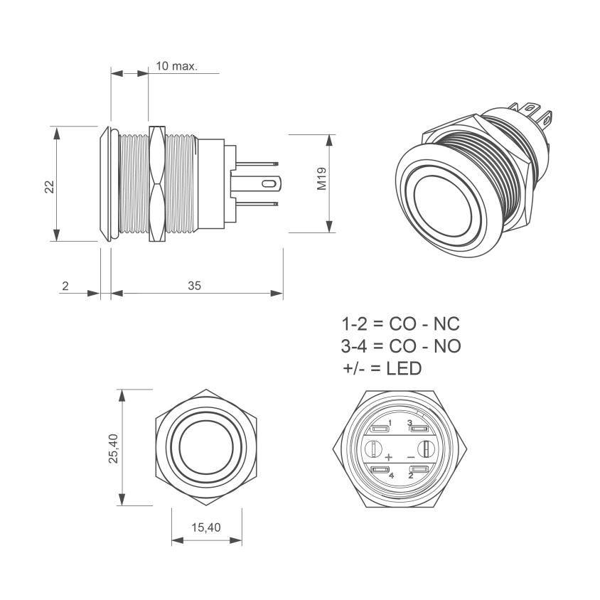 Bouton poussoir, Ø 19 mm, en acier inoxydable, cosses à souder, halo blanc