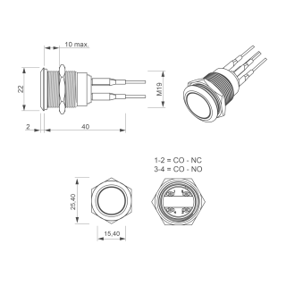 Bouton poussoir, Ø 19 mm, en acier inoxydable précâblé, contact NO+NC