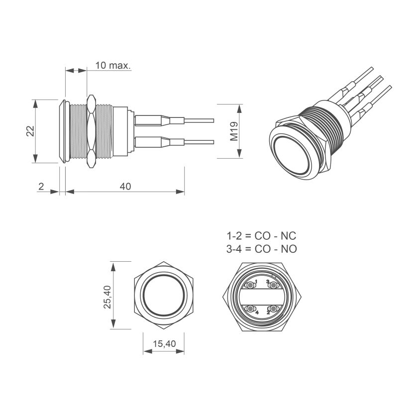 Bouton poussoir, Ø 19 mm, en acier inoxydable précâblé, contact NO+NC