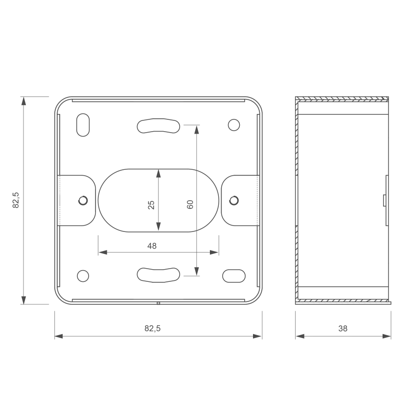 Boîtier acier inoxydable, 82,5 x 82,5 x 38/42 mm pour plaque carrée