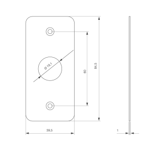 Plaque acier inoxydable 39,5 x 84,5 mm, perçage Ø 19 mm, sans marquage