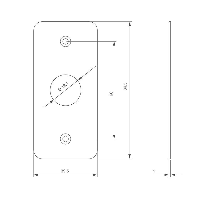 Plaque acier inoxydable 39,5 x 84,5 mm, perçage Ø 19 mm, sans marquage