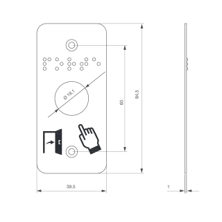 Plaque acier inoxydable 39,5 x 84,5 mm, perçage Ø 19 mm,  picto "Porte + doigt" et "PORTE" en braille