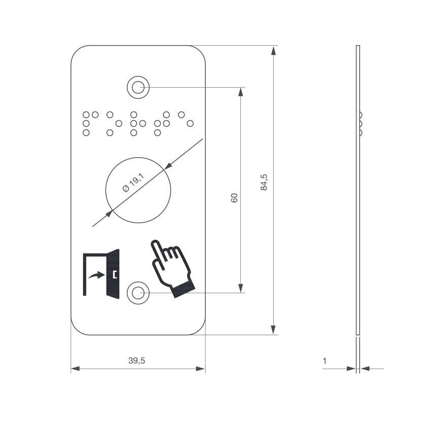 Plaque acier inoxydable 39,5 x 84,5 mm, perçage Ø 19 mm,  picto "Porte + doigt" et "PORTE" en braille