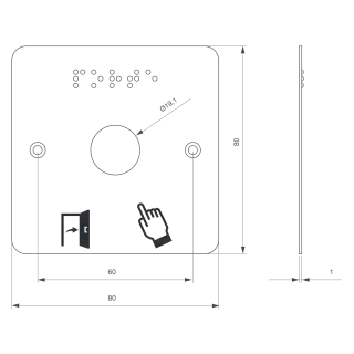 Plaque acier inoxydable 80 x 80 mm, perçage Ø 19 mm, picto "Porte + doigt" et "PORTE" en braille