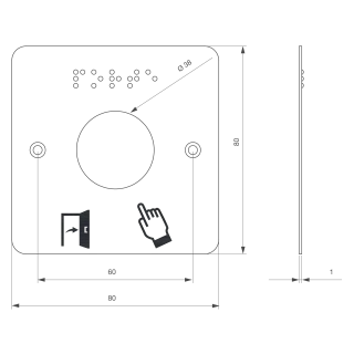 Plaque acier inoxydable  80 x 80 mm, perçage Ø 38 mm, picto "Porte + doigt" et "PORTE" en braille 