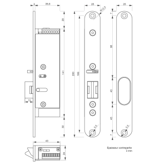 Verrou électrique , 335XK2448, issue de secours à encastrer, 24/48 V DC