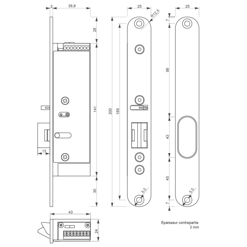 Verrou électrique , 335XK2448, issue de secours à encastrer, 24/48 V DC